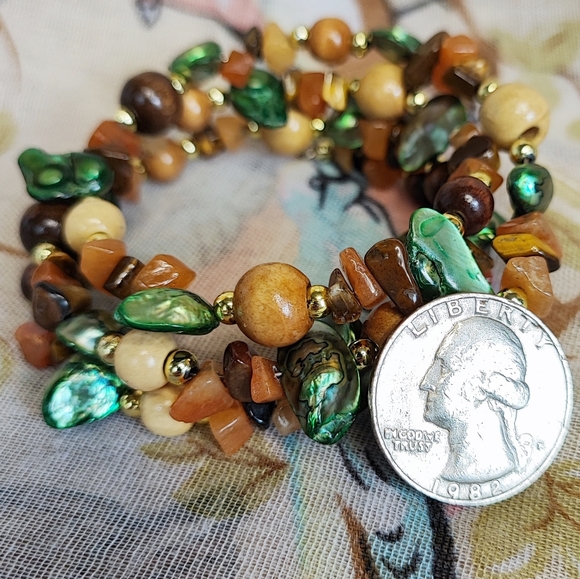 Stone Shell Wood Beaded Memory Wire Bracelet Gold Tone Mother Nature Organic EUC - Picture 4 of 7